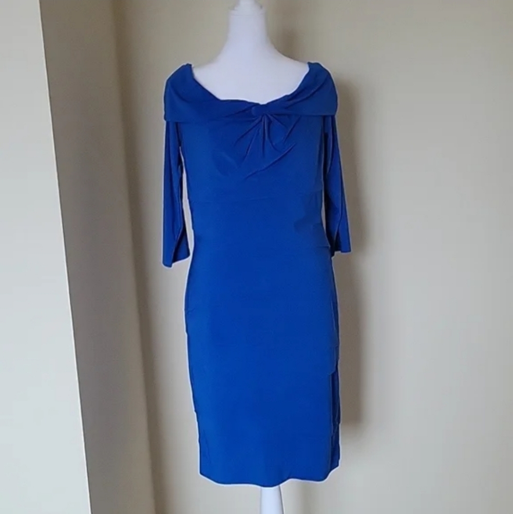 White House Black Market Drape Neck Dress with Flat Ruffles. Size 10.
